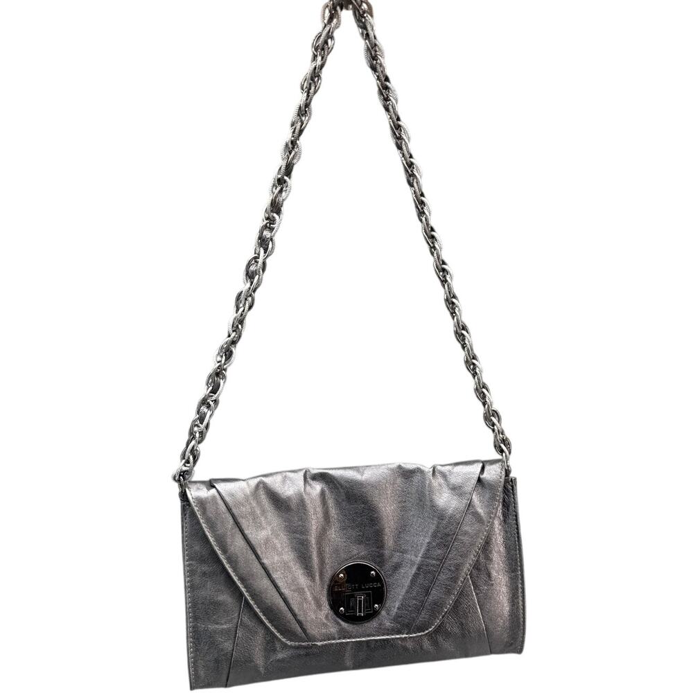 Elliott Lucca Metallic Silver Leather Turn-Lock Closure Clutch Shoulder Bag